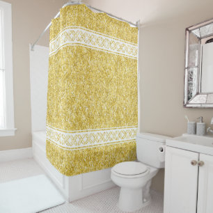White Geometric Patterned Stripes on Gold Glitter Shower Curtain