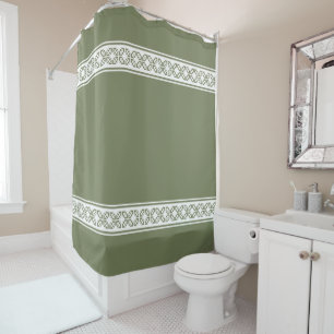 White Geometric Patterned Stripes on Sage Green Shower Curtain