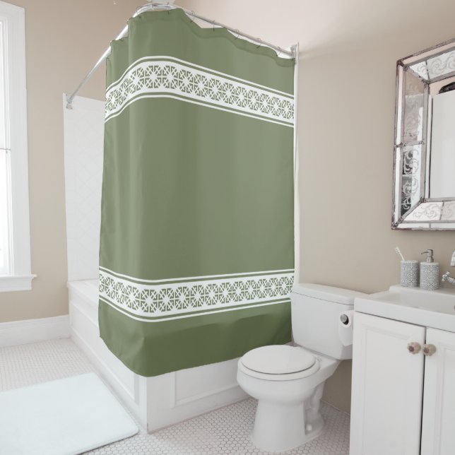 White Geometric Patterned Stripes on Sage Green Shower Curtain (In Situ)