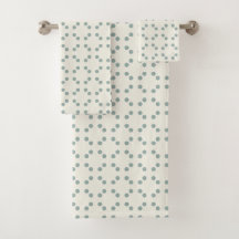 White geometric print with green-blue polka dots