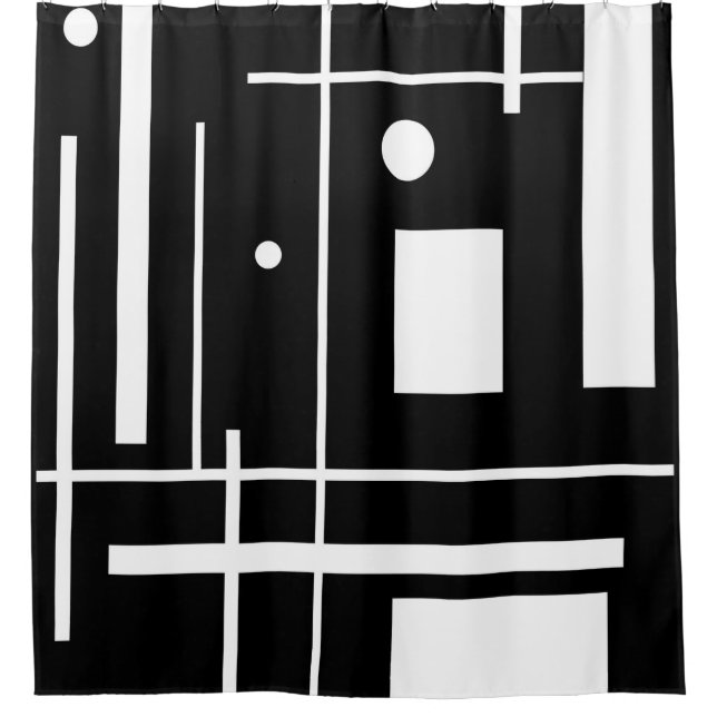 White Geometric Shapes On Black Shower Curtain (Front)