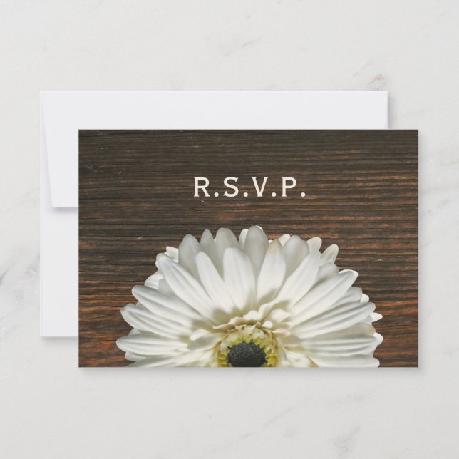 White Gerbera & Barnwood Rustic Wedding RSVP Card (Front)
