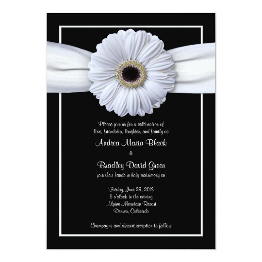 White Gerbera Black Background Wedding Invitation
