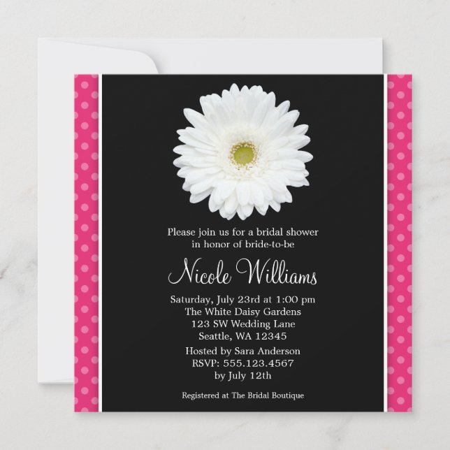 White Gerbera Daisy Pink Polka Dot Bridal Shower Invitation (Front)