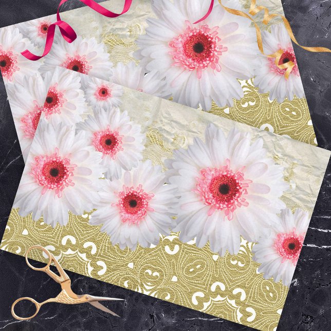 White Gerbera Flowers On Gold White Damask Pattern Tissue Paper (Creator Uploaded)