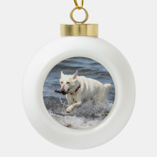 White German Shepard on Lake George Ceramic Ball Christmas Ornament