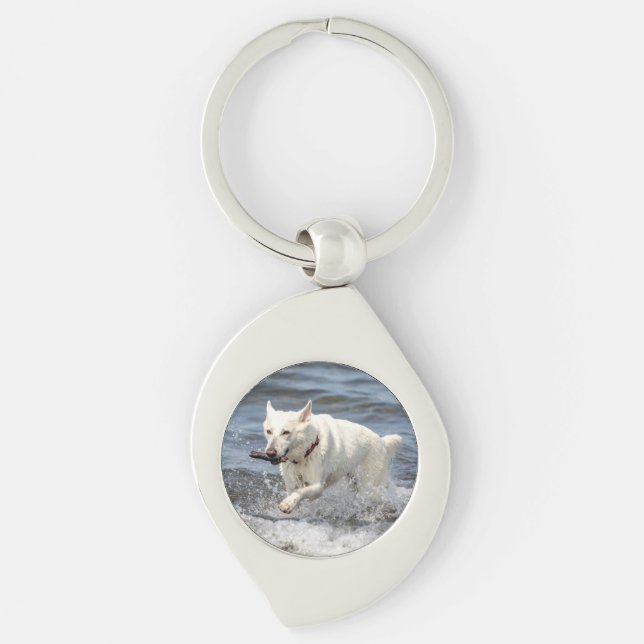 White German Shepard on Lake George Key Ring (Front)