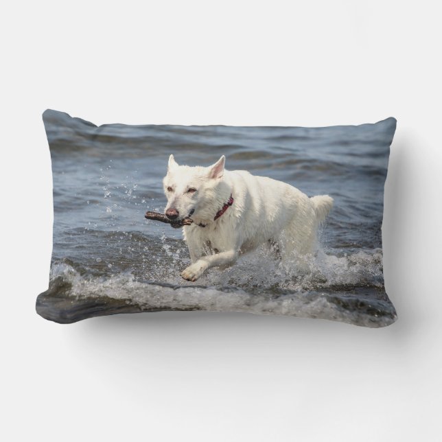 White German Shepard on Lake George Lumbar Cushion (Front)