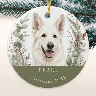 White German Shepherd Dog Watercolor Christmas Ceramic Ornament