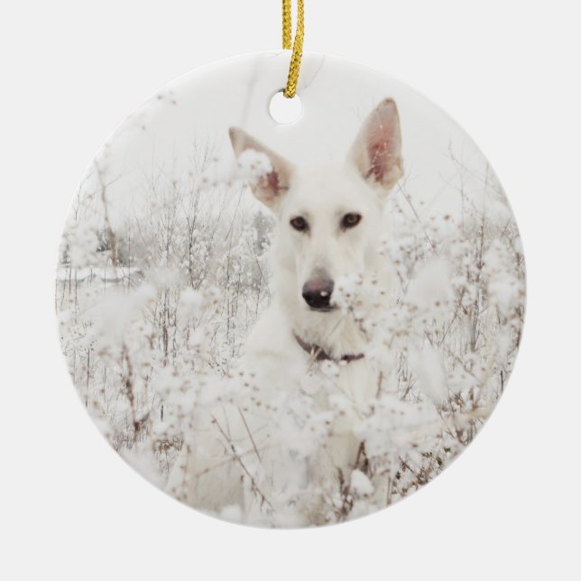 White German Shepherd in the Snow Ceramic Ornament (Front)