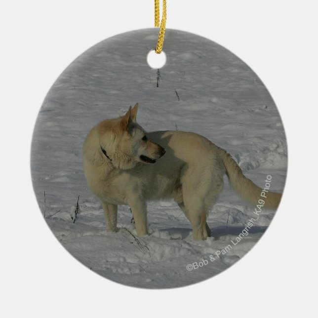 White German Shepherd  in the Snow Ceramic Tree Decoration (Front)