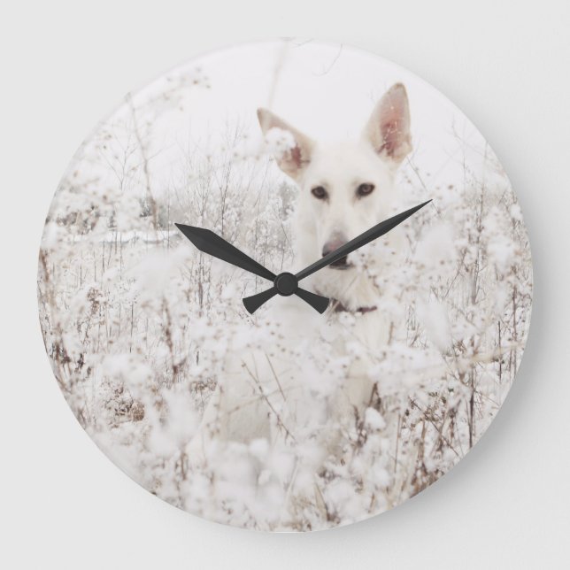 White German Shepherd in the Snow Large Clock (Front)