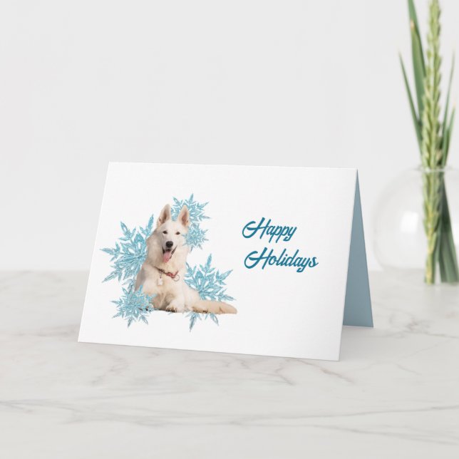 White German Shepherd laying in the Snowflakes Hol Holiday Card (Front)
