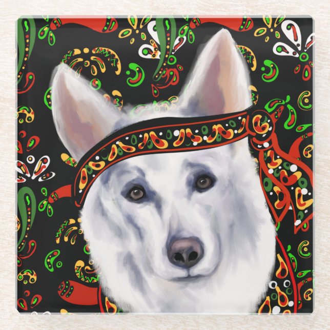 WHITE GERMAN SHEPHERD  MEXICO GLASS COASTER (Front)