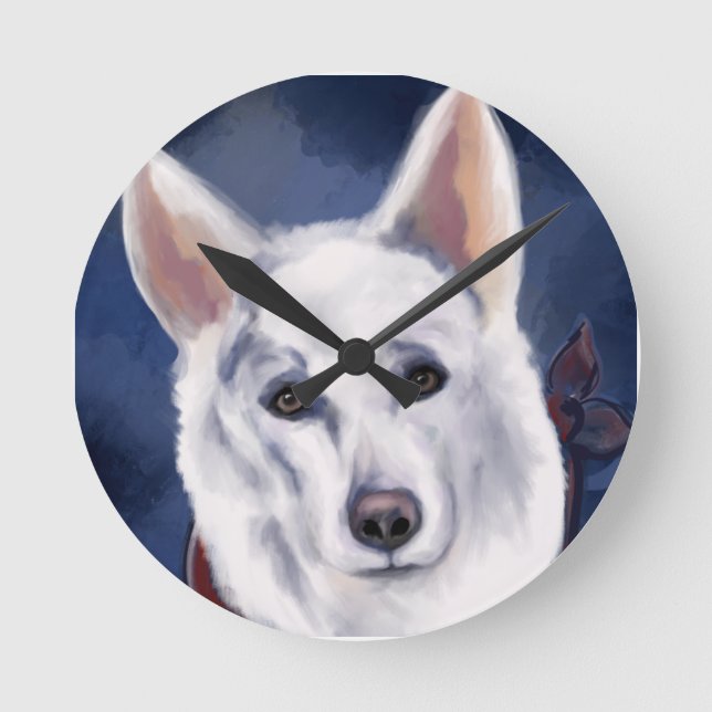 WHITE GERMAN SHEPHERD   ROUND CLOCK (Front)