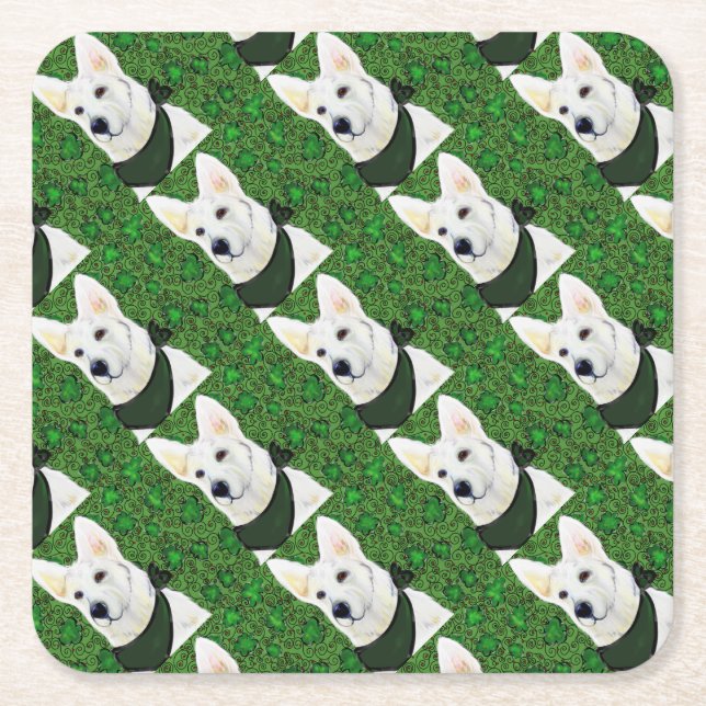 White German Shepherd St. Patty Square Paper Coaster (Front)
