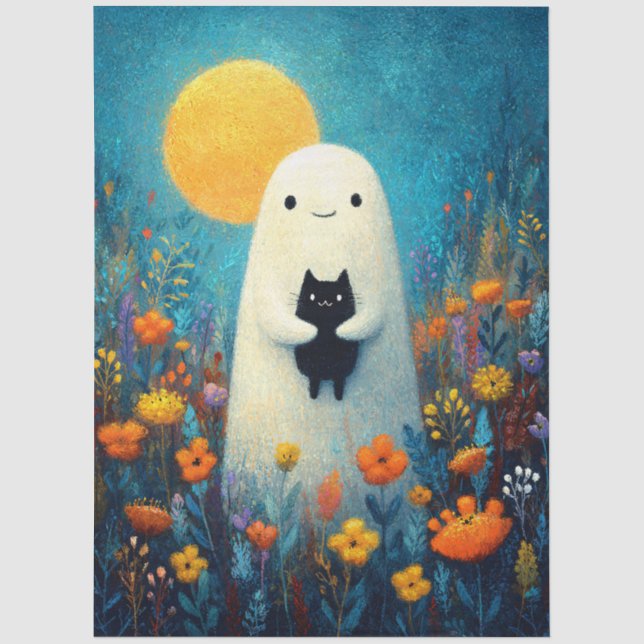 White Ghost and Black Cat Whimsical Decoupage Tissue Paper (Front)