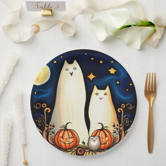 White Ghost Cats and Jack-o' Lanterns Paper Plate (Wedding)