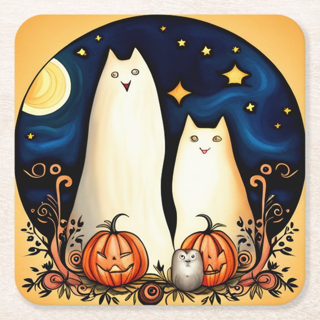 White Ghost Cats and Jack-o' Lanterns Square Paper Coaster (Front)