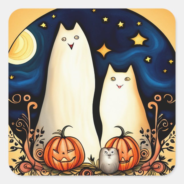 White Ghost Cats and Jack-o' Lanterns Square Sticker (Front)