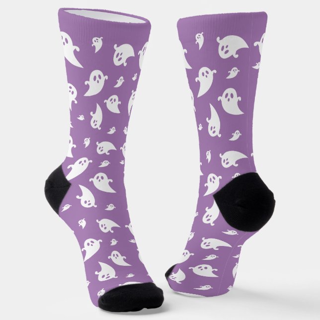 White Ghost Pattern On Purple Cute Halloween Socks (Angled)