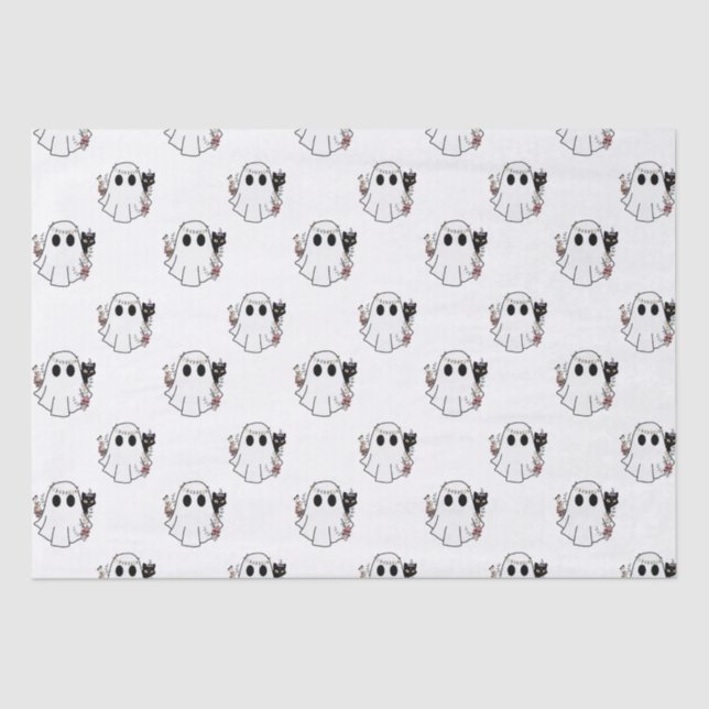 White Ghosts and Black Cats White Halloween Tissue Paper (Front)