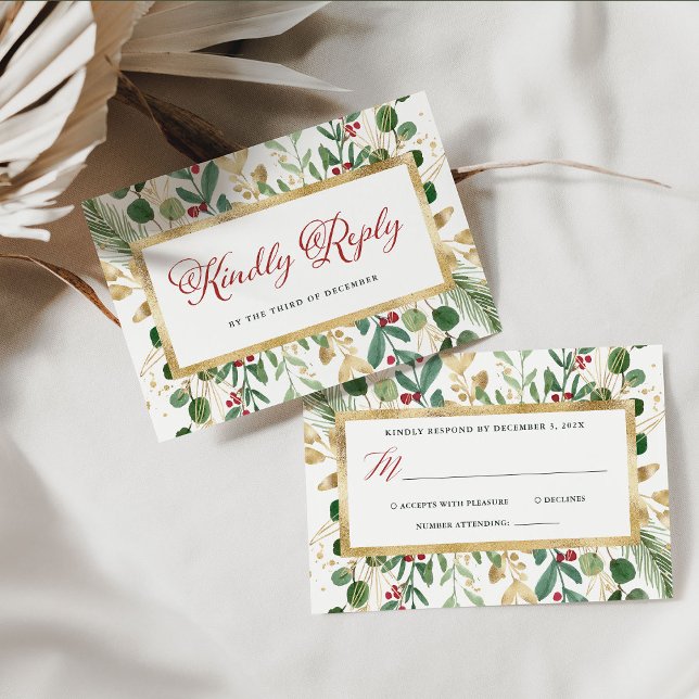 White Gilded Greenery | Christmas Wedding RSVP Card (An elegant, white Christmas wedding rsvp card with gold, green and red foliage)