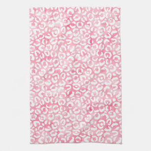 White Girly Pink Watercolor Leopard Print Tea Towel
