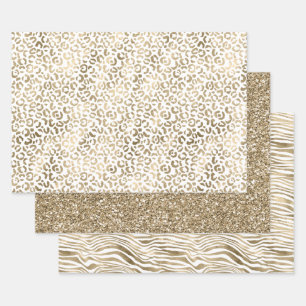 White Glam Gold Leopard Zebra Animal Print      Wrapping Paper Sheet