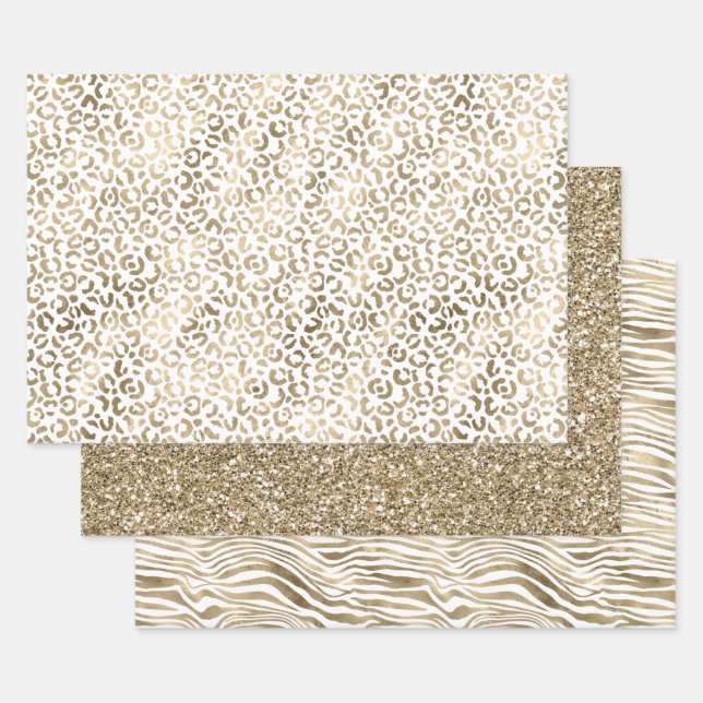 White Glam Gold Leopard Zebra Animal Print      Wrapping Paper Sheet (Set)