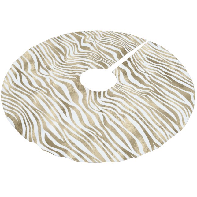 White Glam Gold Zebra Animal Print   Brushed Polyester Tree Skirt (Angled)