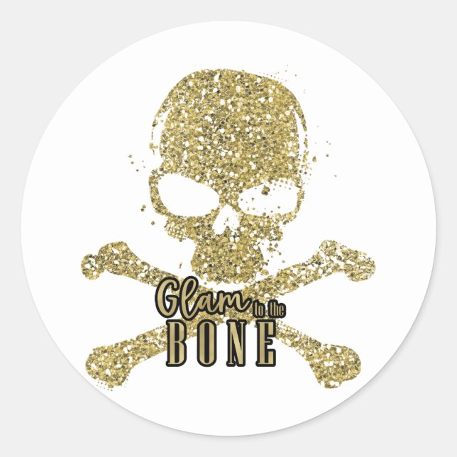 White Glam to the Bone Gold Glitter Skull Classic Round Sticker (Front)