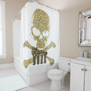 White Glam to the Bone Gold Glitter Skull Shower Curtain