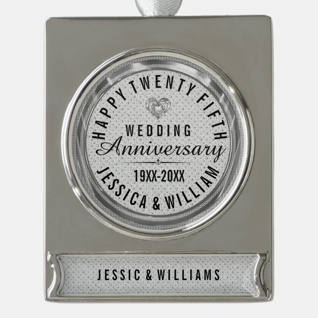 White Glitter 25th Wedding Anniversary Silver Plated Banner Ornament (Front)