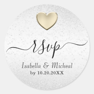 White Glitter and Gold Heart - RSVP   Classic Round Sticker