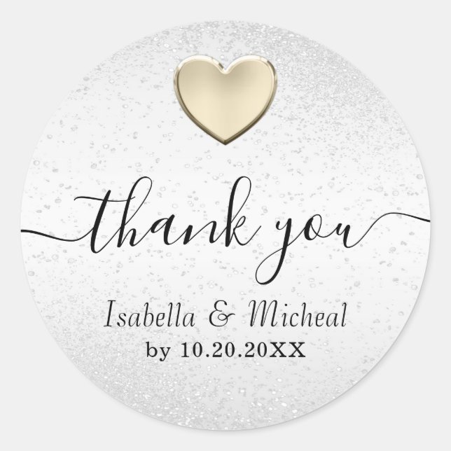 White Glitter and Gold Heart - Thank You  Classic Round Sticker (Front)