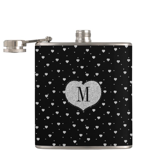 White Glitter & Black Cute Hearts Pattern Hip Flask (Opened)