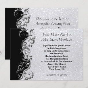 White Glitter, Black & Silver Floral Wedding Invitation