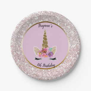 White Glitter Glam Unicorn Pink Birthday Party Paper Plate