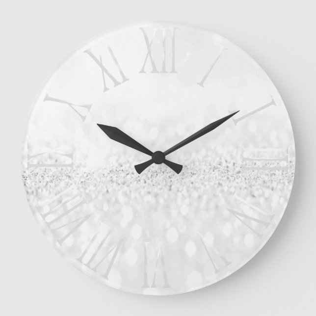 White Glitter Grey Metallic Silver Roman Number Large Clock (Front)