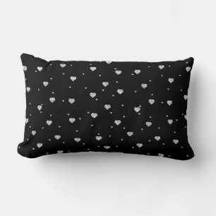 White Glitter Hearts Pattern On Black Lumbar Cushion