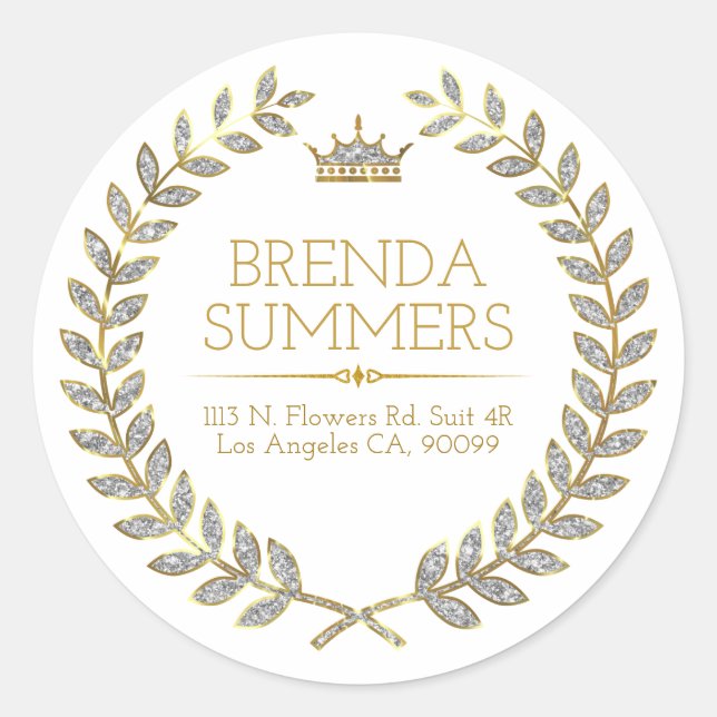 White glitter laurel wreath classic round sticker (Front)