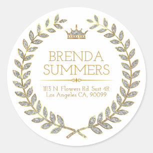 White glitter laurel wreath classic round sticker