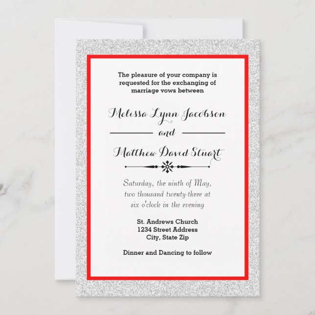 White Glitter & Red Framed - Wedding Invitation (Front)