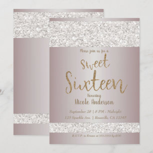 White Glitter Sparkle Blush Pink Sweet 16 Sixteen Invitation