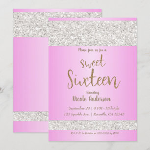 White Glitter Sparkle Pink Sweet 16 Sixteen Party Invitation