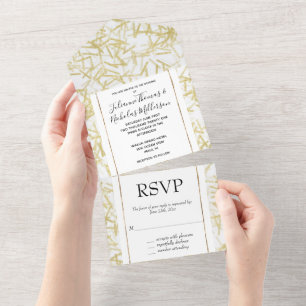White Glitzy Gold Confetti Wedding All In One Invitation