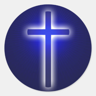 White Glow Religious Cross   Christian Navy Blue Classic Round Sticker