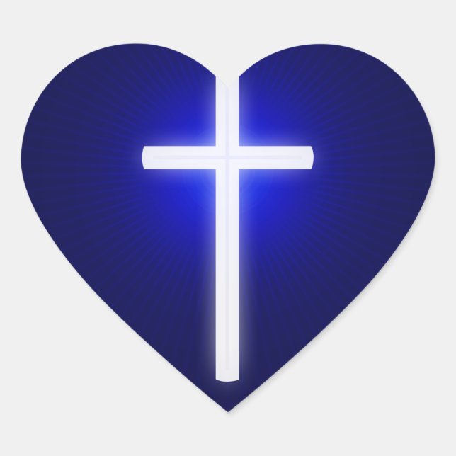 White Glow Religious Cross | Christian Navy Blue Heart Sticker (Front)