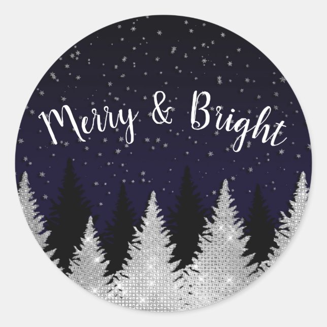 White Glowing Christmas Lights Glitter Trees Snow Classic Round Sticker (Front)